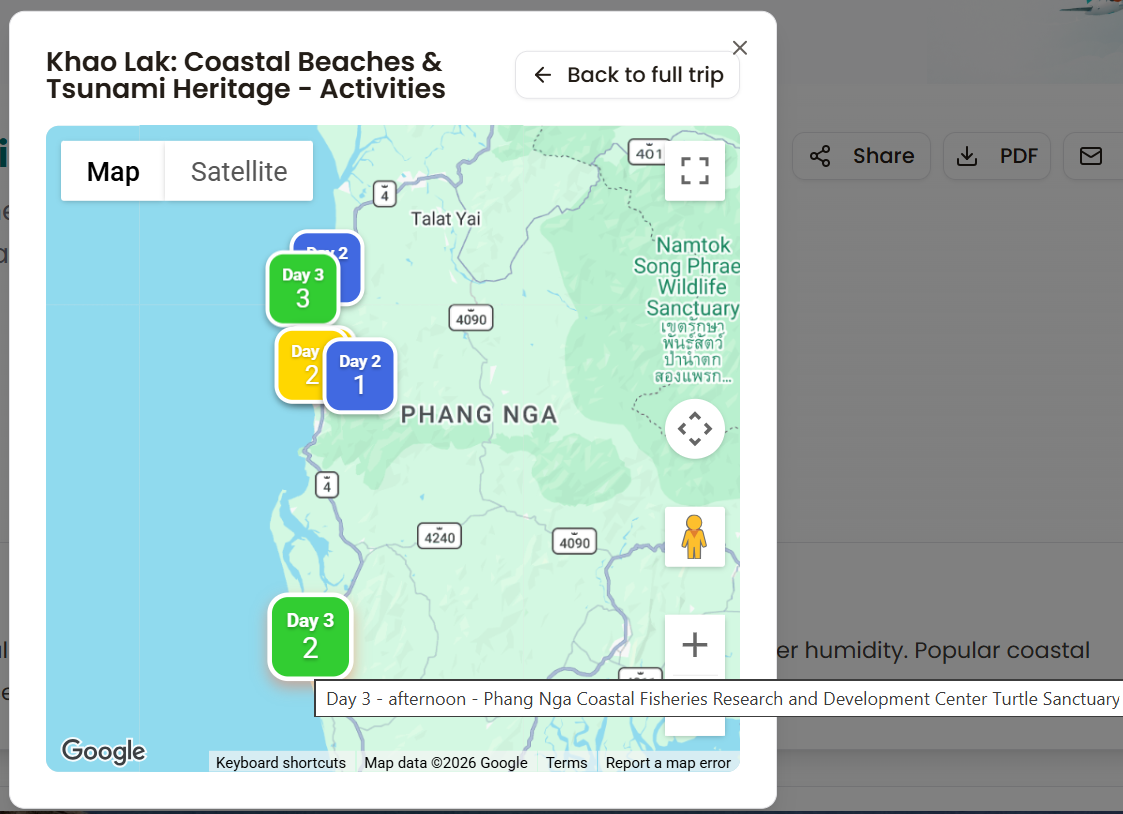 Map of the Khao Lak days, with most stops clustered on the coast and the turtle sanctuary further south
