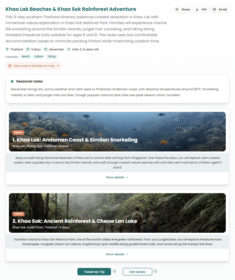 The LeapAway itinerary after the tweak: five days in Khao Lak and four in Khao Sok