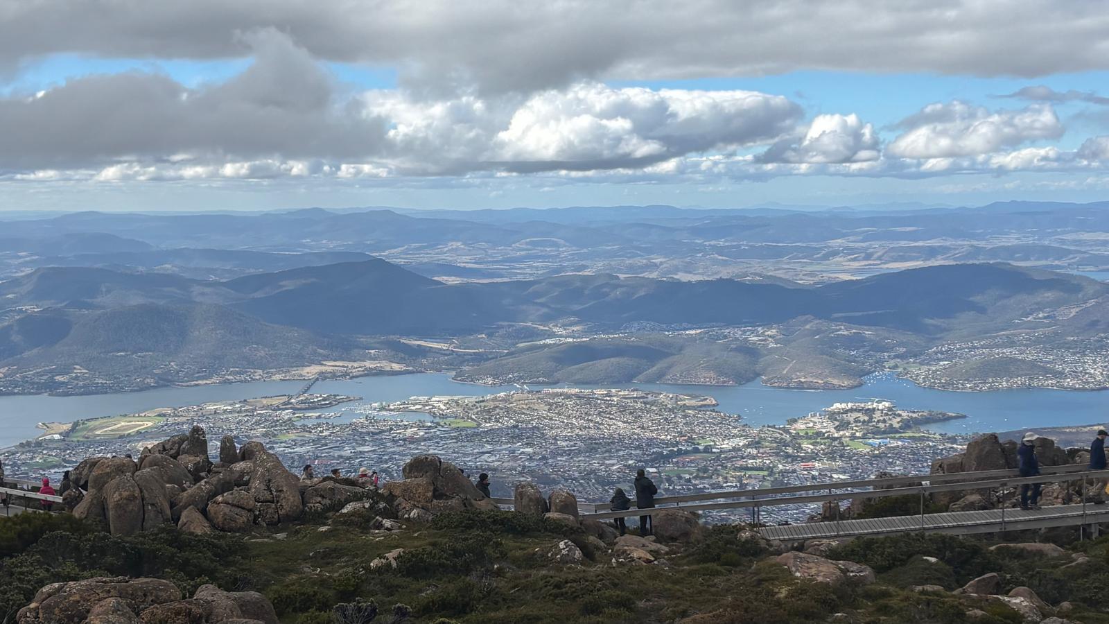 Panoramic view from Mount Wellington summit looking over Hobart city and the Derwent River, Tasmania